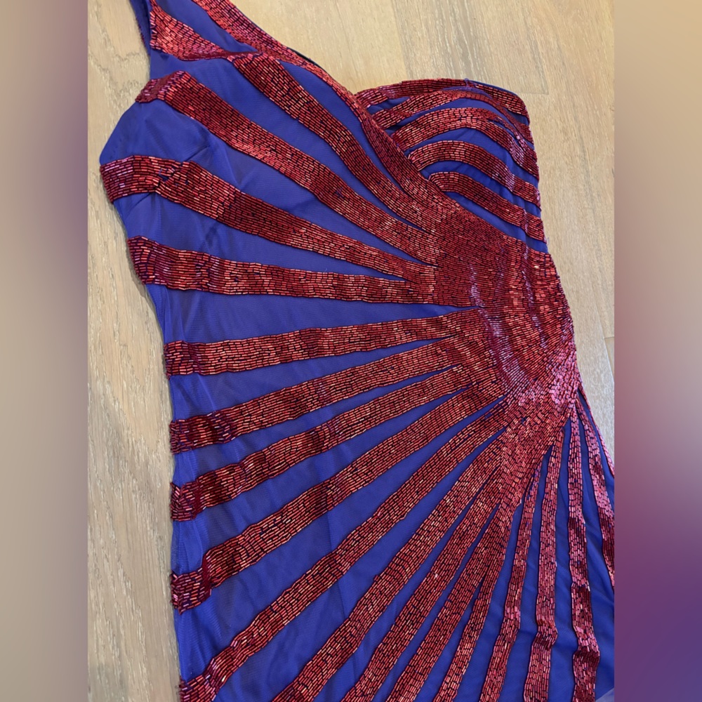 Nasty Gal One Shoulder Spiral Sequin Mini Dress US 12 red NWT - Picture 6 of 16